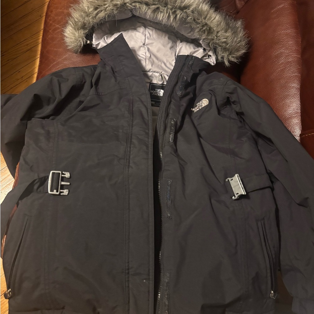 The North Face Men's Black Hooded Puffer Jacket with Faux Fur Trim